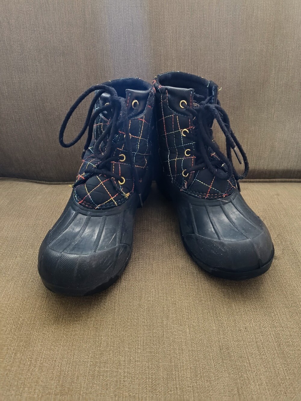 Kids Black Sperry Quilted Rain Boots with Color Stitching
